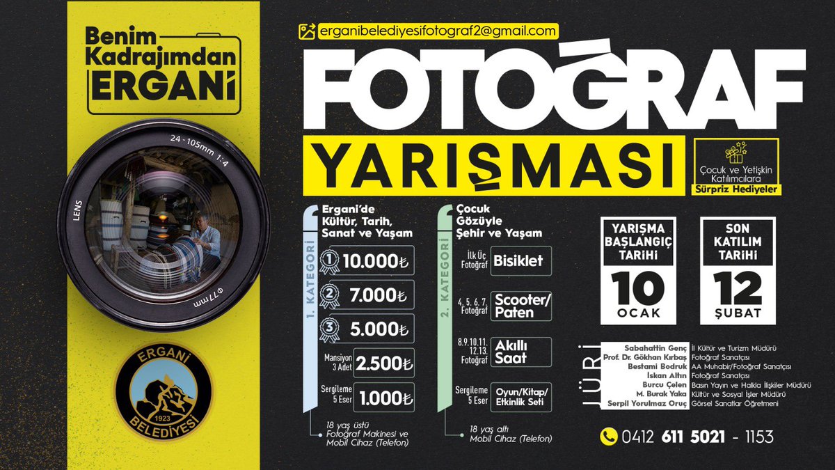 📸 2. Benim Kadrajımdan Ergani Ulusal Fotoğraf Yarışması Başlıyor 🎞️

Ergani’de tarih, kültür, sanat ve sosyal yaşamı anlatan anları ölümsüzleştirerek bizimle paylaşmanızı bekliyoruz.

🧒🏻👧🏽🤳Yarışmamız 18 yaş altı ve
📷📱18 yaş üstü olmak üzere 2 kategoridedir.

❗️Son Katılım