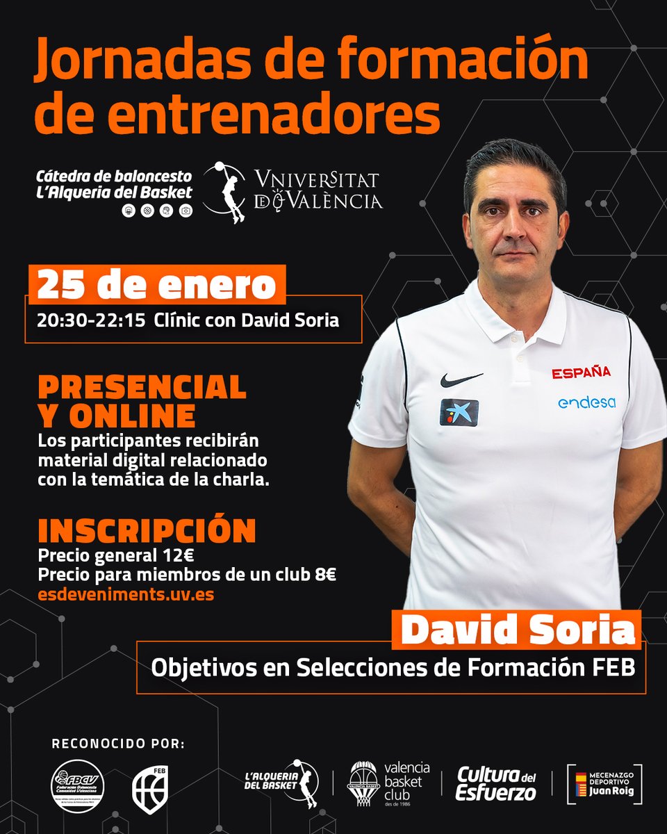 ¡Nueva jornada de formación a la vista! 👀

🗣 David Soria
📚 Objetivos en Selecciones de Formación FEB
📅 25 enero
✅ <a href="/BaloncestoESP/">Baloncesto España</a> y <a href="/fbcv_es/">FBCV</a>

📰 Info e inscripciones
🔗 acortar.link/HMYlDq