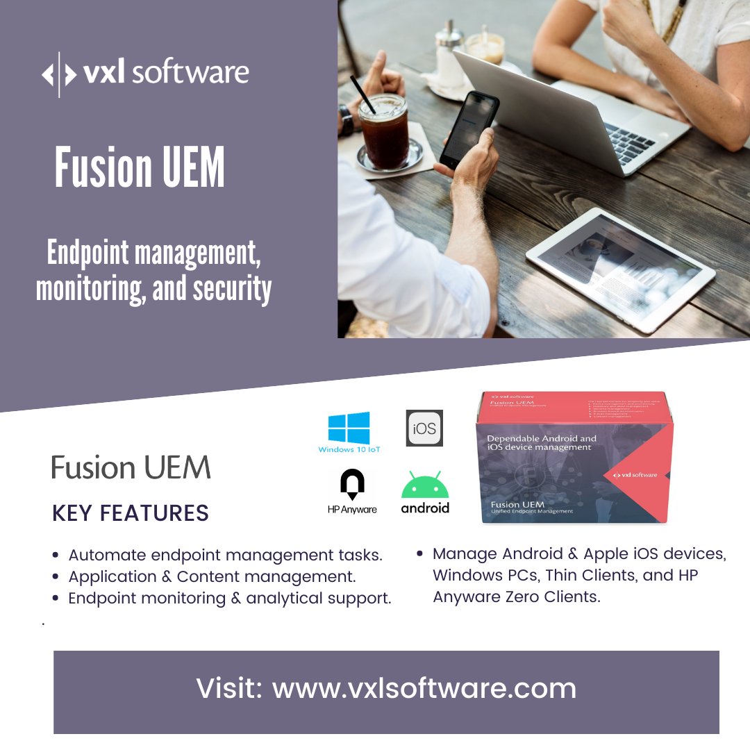 VXLtechnology's tweet photo. Is remote working causing you endpoint management, monitoring, and security issues? Fusion UEM provides full control of your endpoints inc. Android &amp; iOS, Windows PCs, Thin Clients &amp; Zero Clients powered by HP Anyware. Visit: https://t.co/IDARzXMVK0 #security, #devicemanagement https://t.co/yMSf3PvkKK