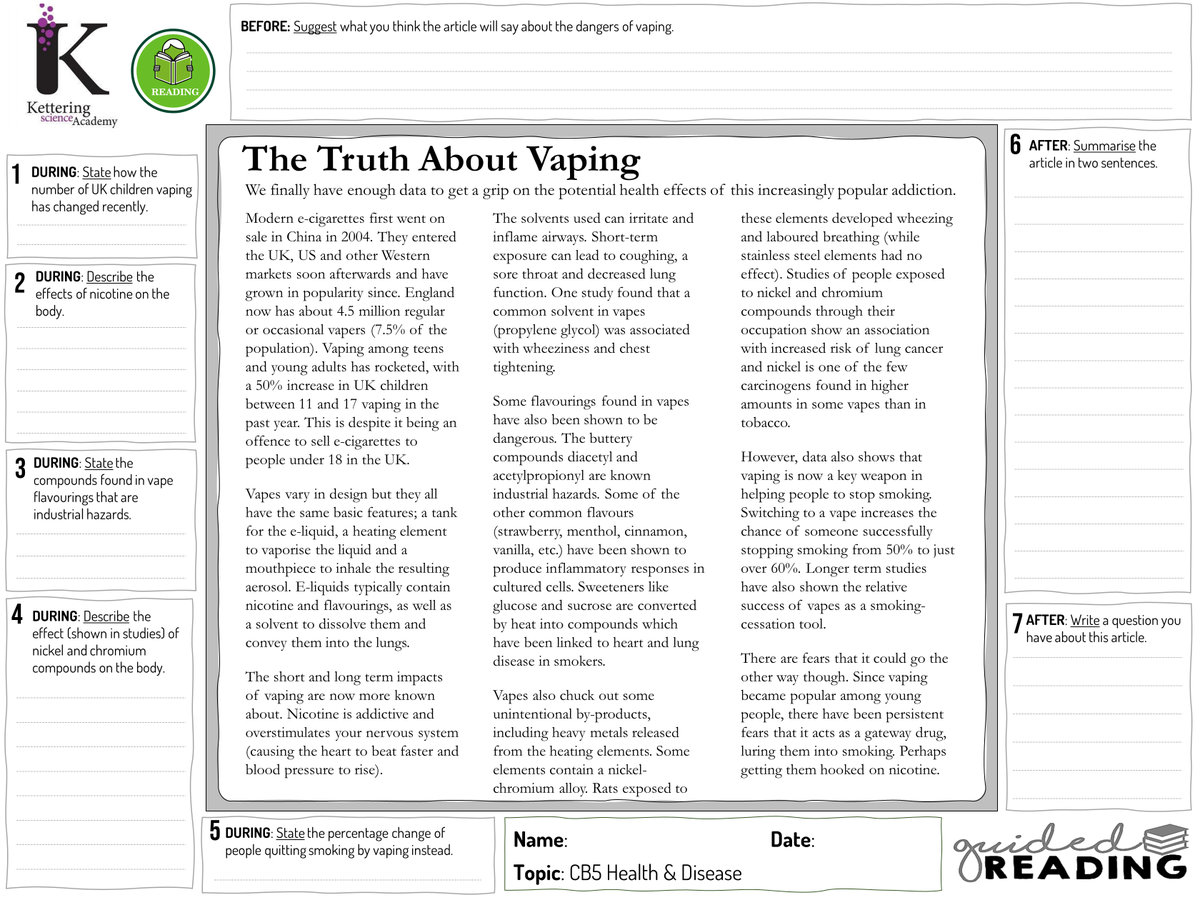 We're recapping health and disease so I made a reading task about vaping (adapted from an article in a New Scientist from December)- if your school is anything like mine the reasons why should be very apparent 😂 drive.google.com/drive/folders/…