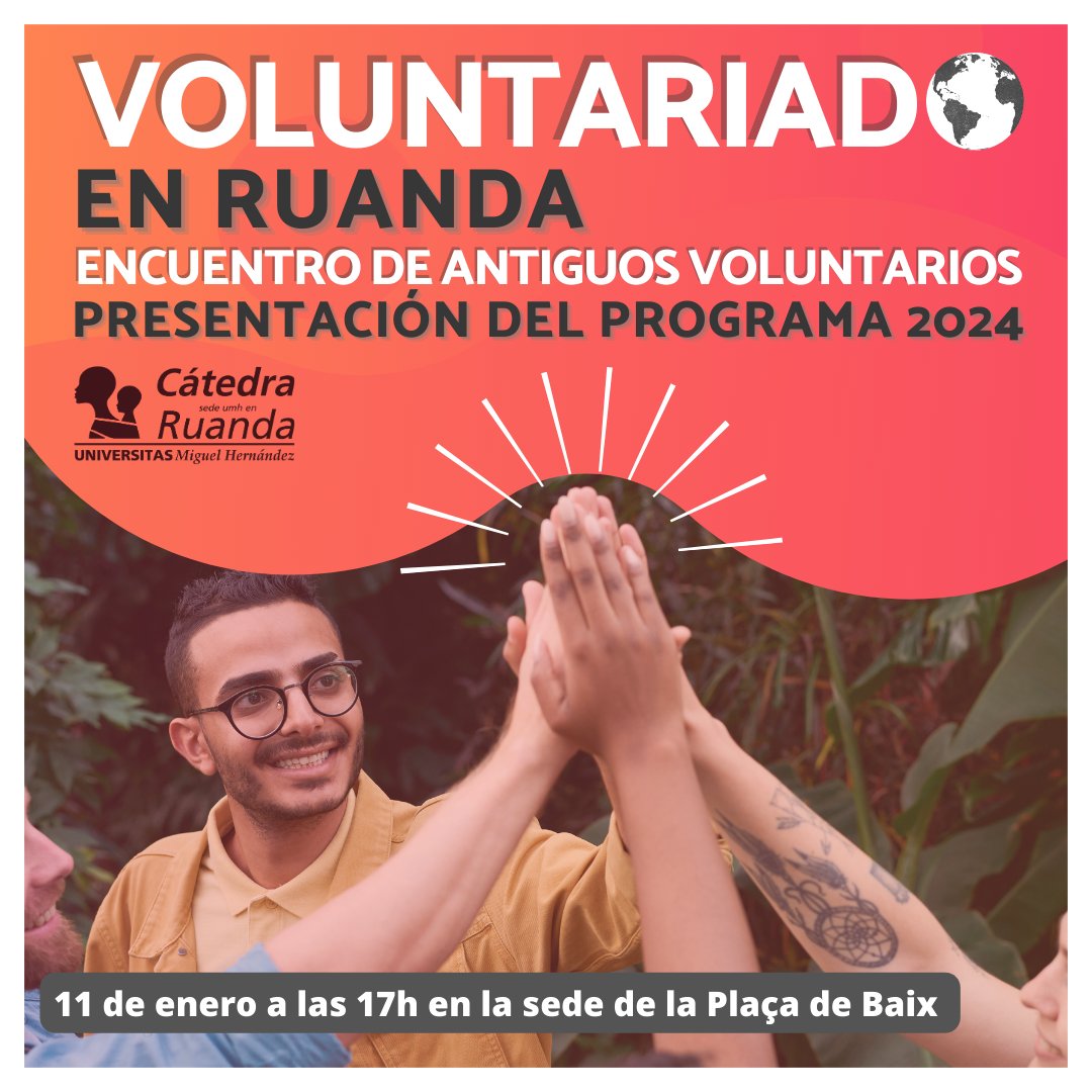 UniversidadMH's tweet photo. 📆 ¡Mañana tienes una cita con @GlobalUMH para conocer las novedades de la próxima edición del Programa de Voluntariado 2024!

Además, podrás conocer las experiencias de antiguos voluntarios que han participado en este proyecto que cumple 10 años en Ruanda.

¡El evento está abierto a toda persona interesada! 🙋‍♀️