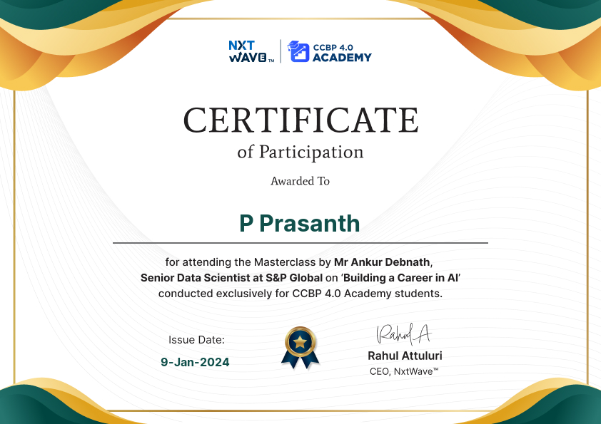 prasanth0821's tweet photo. Thrilled to share that 𝑰'𝒗𝒆 𝒂𝒄𝒉𝒊𝒆𝒗𝒆𝒅 𝒂 𝑪𝒆𝒓𝒕𝒊𝒇𝒊𝒄𝒂𝒕𝒆 𝒐𝒇 𝑷𝒂𝒓𝒕𝒊𝒄𝒊𝒑𝒂𝒕𝒊𝒐𝒏 for attending the masterclass by Mr. Ankur Debnath, Senior Data Scientist at S&amp;P Global Market Intelligence, on "𝐁𝐮𝐢𝐥𝐝𝐢𝐧𝐠 𝐚 𝐂𝐚𝐫𝐞𝐞𝐫 𝐢𝐧 𝐀𝐈." 🚀

#ai #nxtwave https://t.co/NOCJuyBg1i