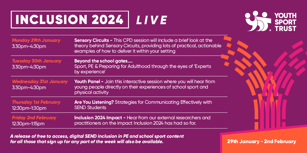 Join us for a week of free, interactive online Inclusion webinars from 29th January to 2nd February 2024 📆

Learn more and register today 👇

youthsporttrust.org/programmes/tar…

#Inclusion2024

<a href="/YouthSportTrust/">Youth Sport Trust</a> <a href="/Swim_England/">Swim England</a> <a href="/nasen_org/">nasen</a> <a href="/ParalympicsGB/">ParalympicsGB</a> <a href="/AllForActivity/">Activity Alliance</a> <a href="/educationgovuk/">Department for Education</a>