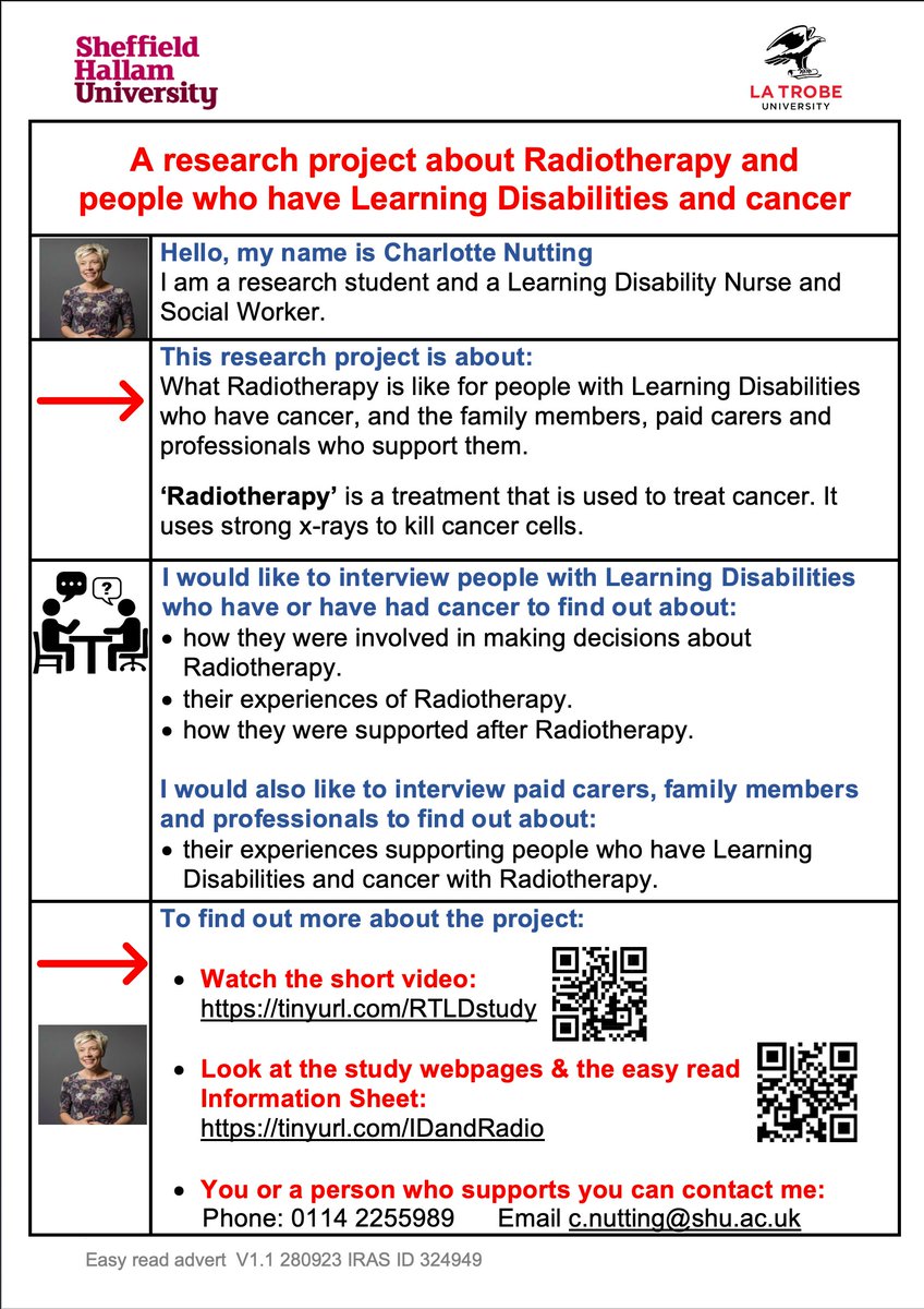 Do you, or people you support, have a learning disability and experience with radiotherapy?  If so, @CharlotteNut1 a PhD student at @sheffhallamuni would like to interview you! To find out more, please use the link below @ThroughTheMaze @PeopleMatters 
sites.google.com/view/rt-and-id…