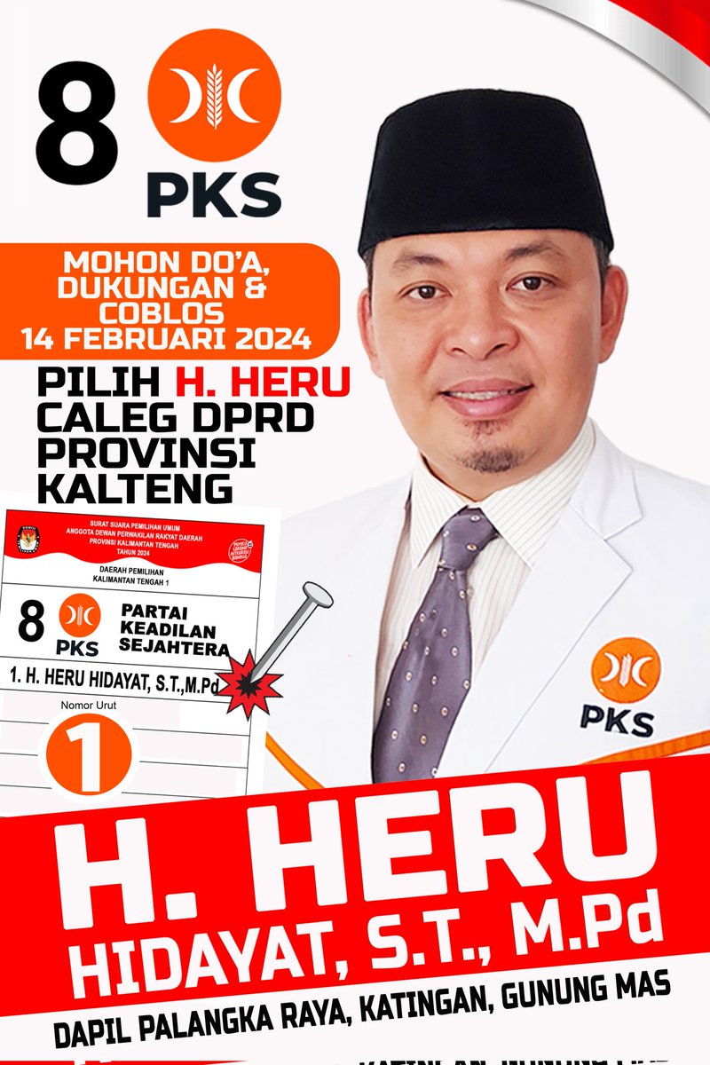 Bapak/Ibu/Sobat Pemilih yang ada di Palangka Raya, Katingan, Gunung Mas, Mohon do'a, dukungan dan coblos pada 14 Februari 2024 Cc <a href="/pkskalteng/">DPW PKS Kalteng</a>