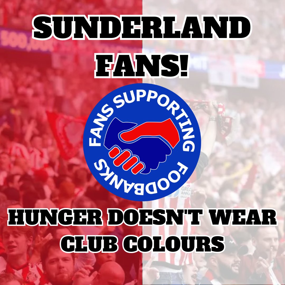 📢Calling Sunderland fans!

Help us put football allegiances aside in our bid to protect communties against the scourge of food poverty and show that #HungerDoesntWearClubColours. 

We'll be collecting physical and monetary donations by the Sir Bobby Robson statue on Portman Road…