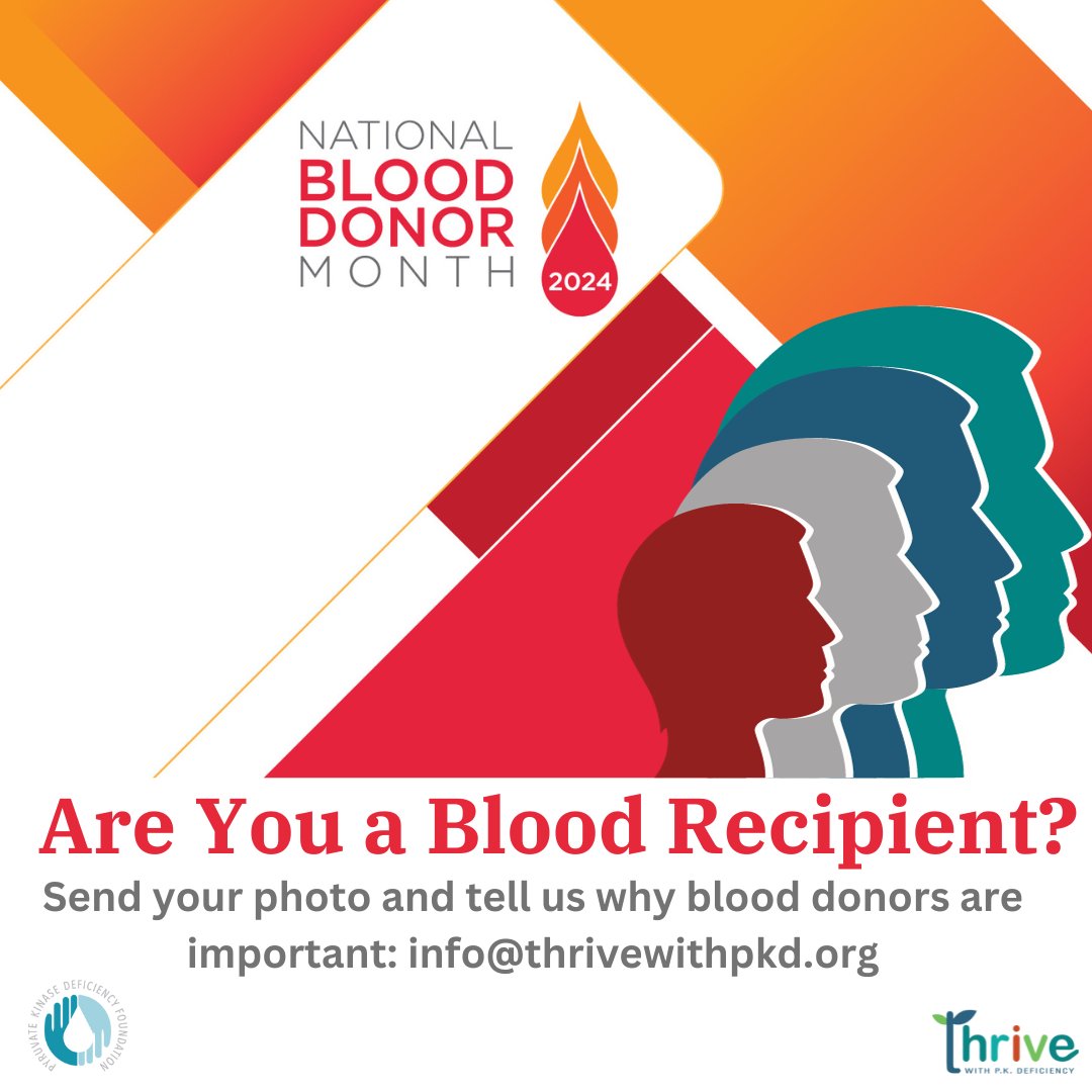 This month we'll be celebrating the contributions of blood donors. Let us know if you've received a #blooddonation and whether you'd be willing to tell your story. Many people with #pkdeficiency need #blood to survive.

#BDM2024 #pyruvatekinasedeficiency #hemolyticanemia