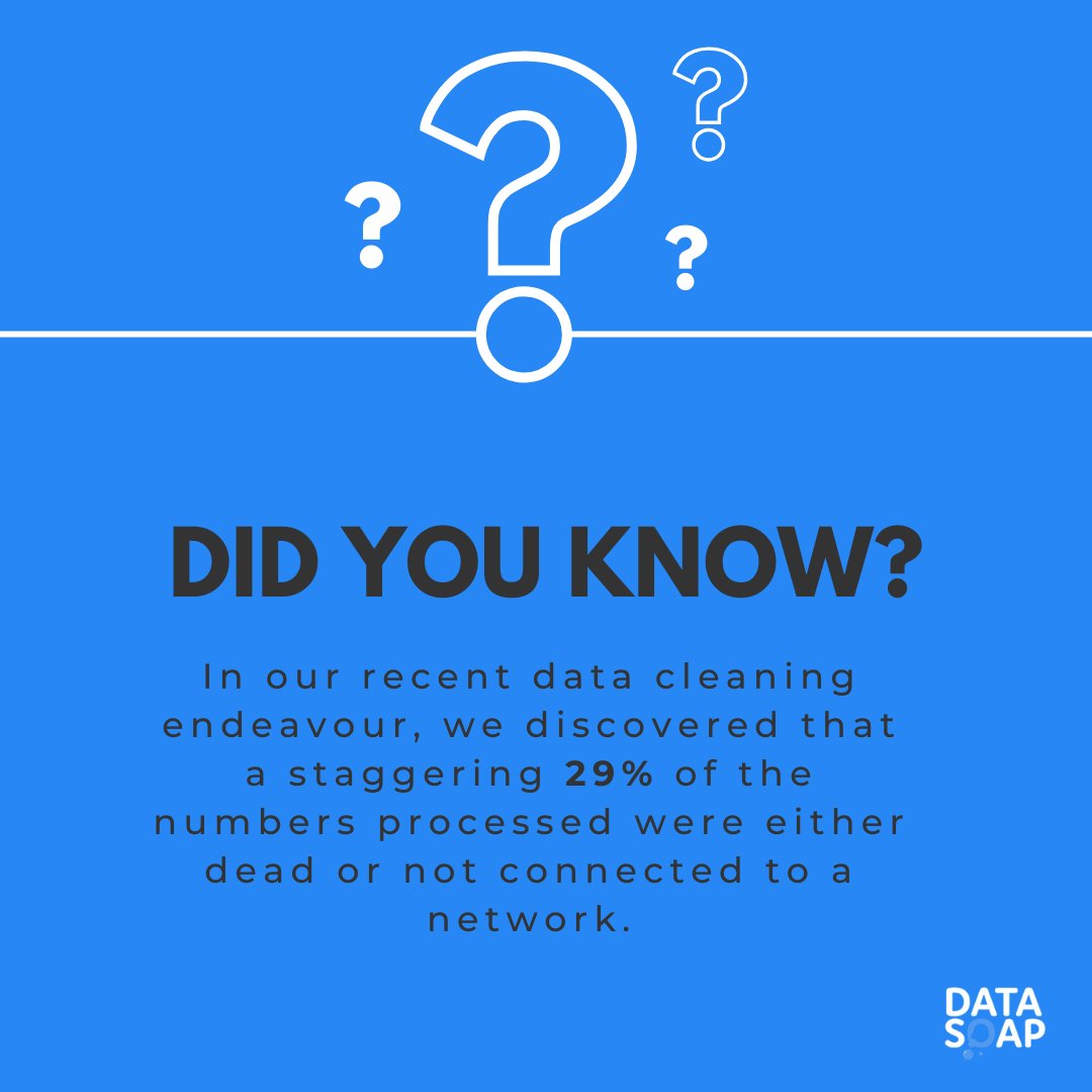 Data_Soap's tweet image. Imagine the time and resources wasted trying to contact these unresponsive numbers! 📉🔍
Thanks to DataSoap, companies are spared reaching out to dead ends. Our algorithms ensure outreach efforts target active contacts, maximising efficiency. ⏱️
📞 Call us today: 0207 856 0422