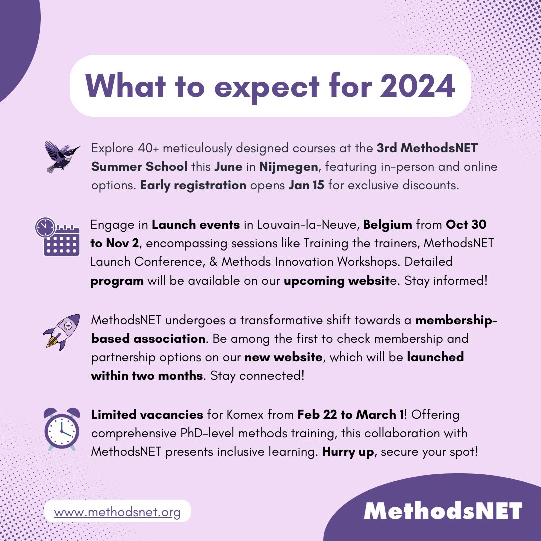 MethodsNET's tweet image. 2024 promises a wealth of academic opportunities! 

Here is what we have planned for this year, and all the relevant events in the coming weeks and months. 

📅Make sure to save the dates!
#MethodsNET #Learning #Academicopportunities