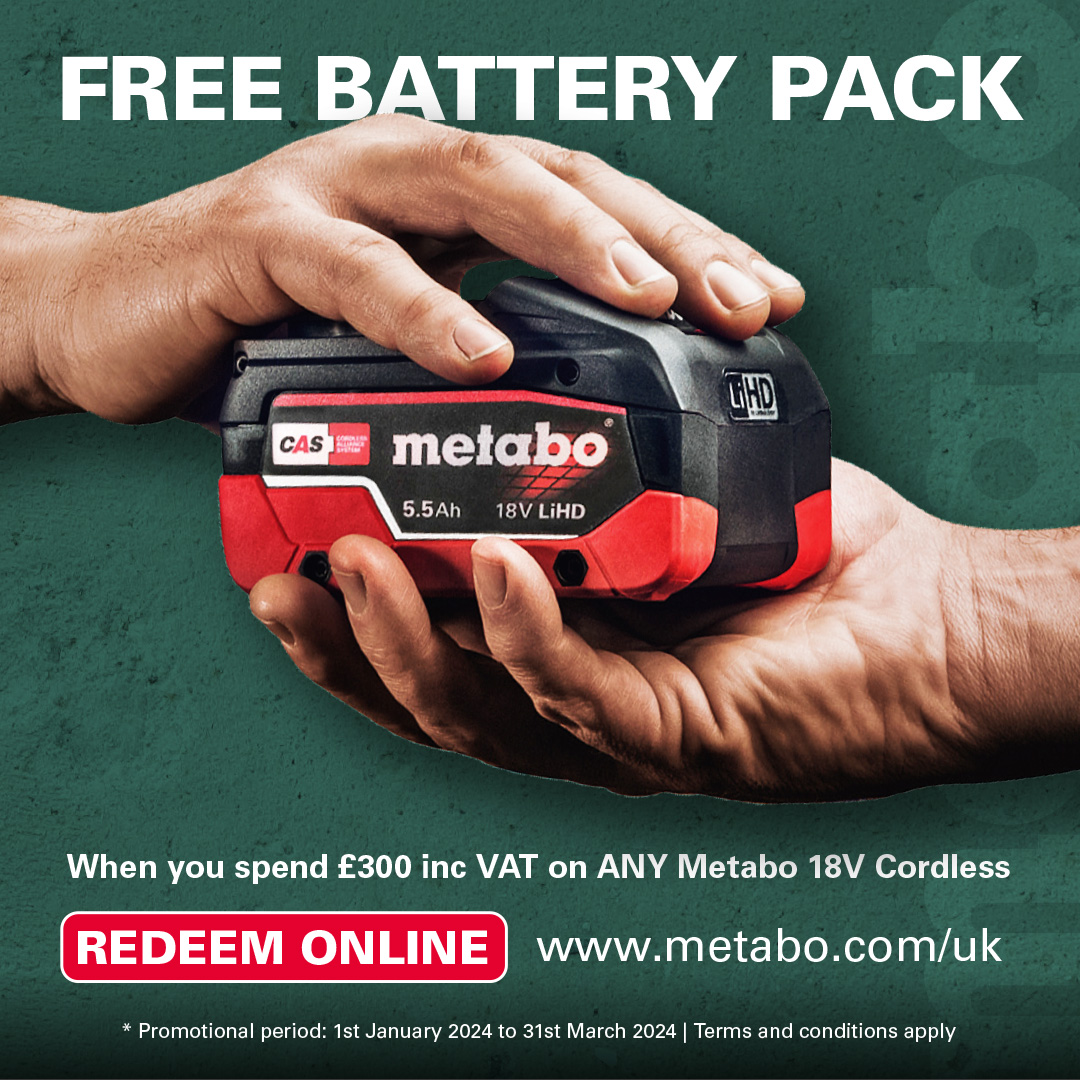 Metabo Redemption Offers Return For 2024

New Year, New Battery? <a href="/Metabo/">life</a>'s latest redemption offer allows you to redeem a free LiHD 5.5Ah Battery pack when you spend £250.00 exc. VAT or more on any Metabo 18v Cordless tools.

#metaboredemption #metabo #mfs #18V