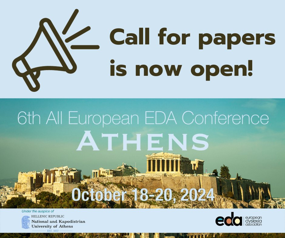 Researchers and practitioners - The Call for Papers is open for the EDA’s All-European #Dyslexia & #Dyscalculia Conference which will take place in Athens, Greece, from October 18-20, 2024. The deadline for submission is January 31, 2024. eda-info.eu/events/confere…