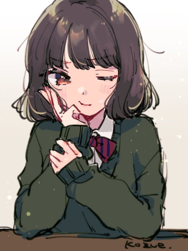 1girl solo one eye closed school uniform bow sweater blush  illustration images