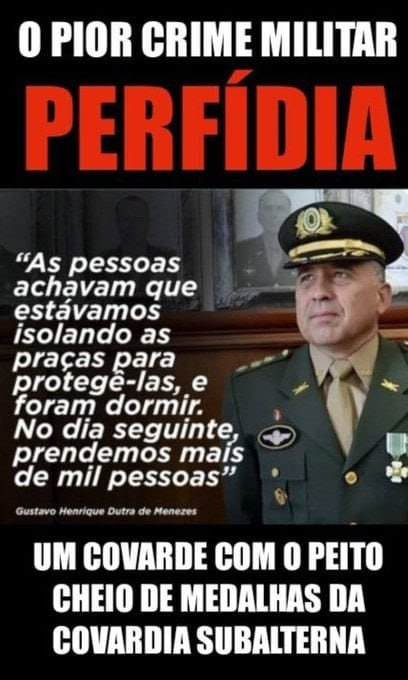 nelsonpaffi's tweet photo. Isso é mais que um crime.
Esse indivíduo melancia deveria estar na prisão cumprindo 17 anos de cadeia.
E com a perda dos benefícios do cargo.
Crime de perfídia é o pior dos crimes na área militar.
Esse não honrou o juramento de defesa da Pátria, entregou o poder aos esquerdistas https://t.co/xh5PEQcDqI