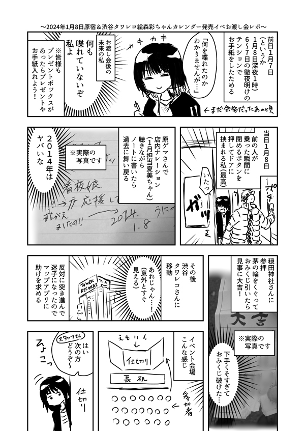 1月8日のえもりんカレンダー渋谷タワレコお渡し会のレポ漫画です(あまりに酷い) 