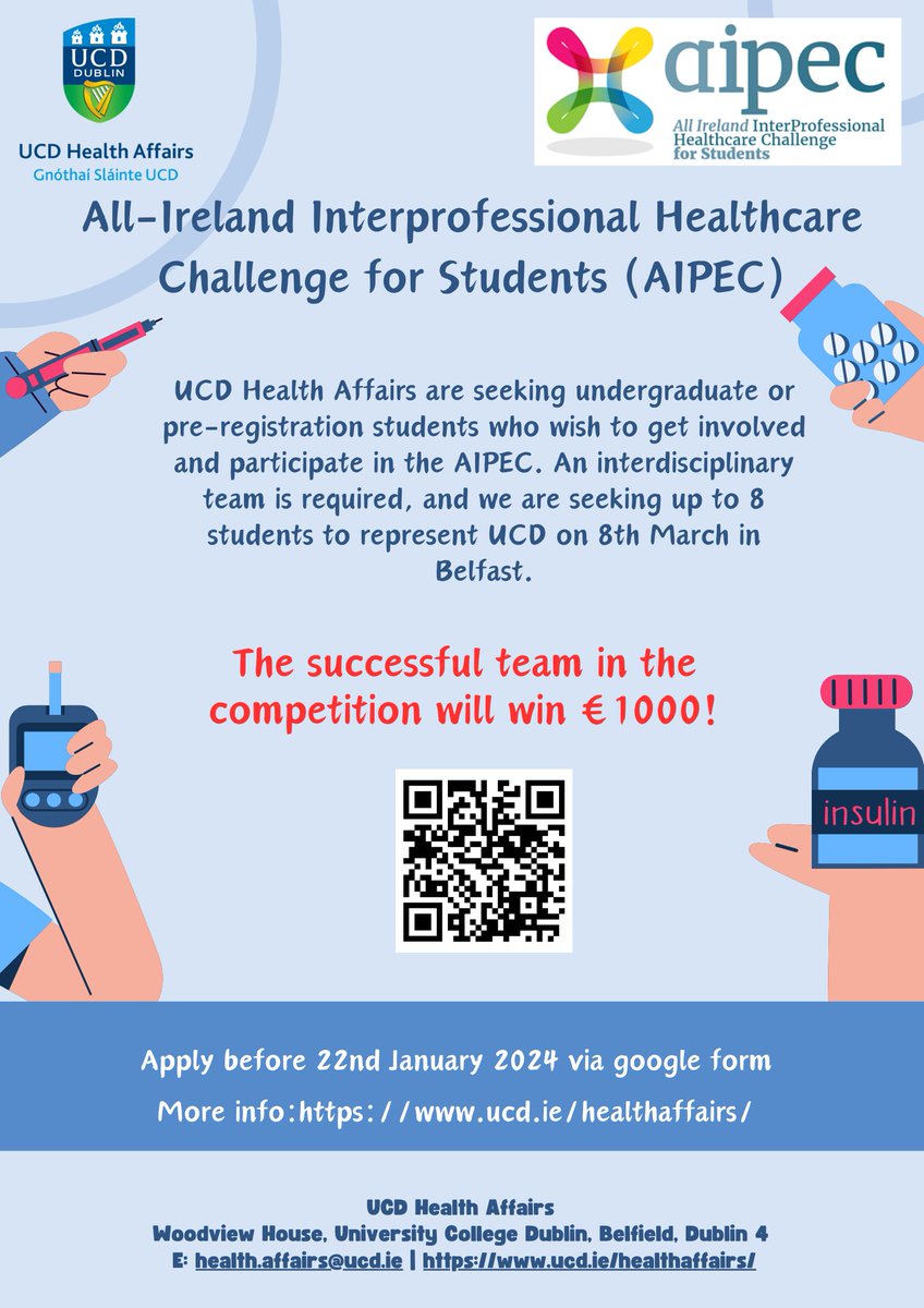 UCD Students recruitment campaign for All-Ireland Interprofessional Healthcare Challenge is now open! 
➡️Boost your CV, stand out from the crowd and Win €1000!
➡️More ucd.ie/healthaffairs/…
<a href="/HealthUcd/">UCD Health Affairs</a>
<a href="/UCDMedicine/">UCD Medicine</a>
<a href="/ucd_sphpss/">UCD Public Health, Physiotherapy & Sports Science</a>
<a href="/ucdsnmhs/">UCD School of Nursing, Midwifery & Health Systems</a>
<a href="/UCD_CHAS/">UCD College of Health & Agricultural Science</a>
<a href="/ucddublin/">University College Dublin</a> 
<a href="/MyCliona/">Cliona O’Sullivan</a>