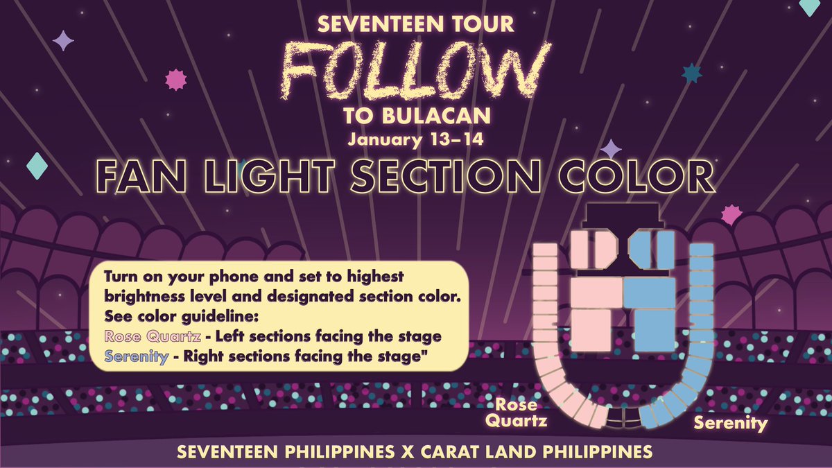 CaratLandPH's tweet photo. SEVENTEEN Tour 'Follow' To Bulacan
 💎 Fandom Color Ocean 💎

Fan Light Section Color Guide:
🩷 Rose Quartz for LEFT sections facing the stage
🩵 Serenity for RIGHT sections facing the stage

💎 Carat Bong Version 3 will be synced to blinking Rose Quartz and Serenity; https://t.co/Loy0hDw54T