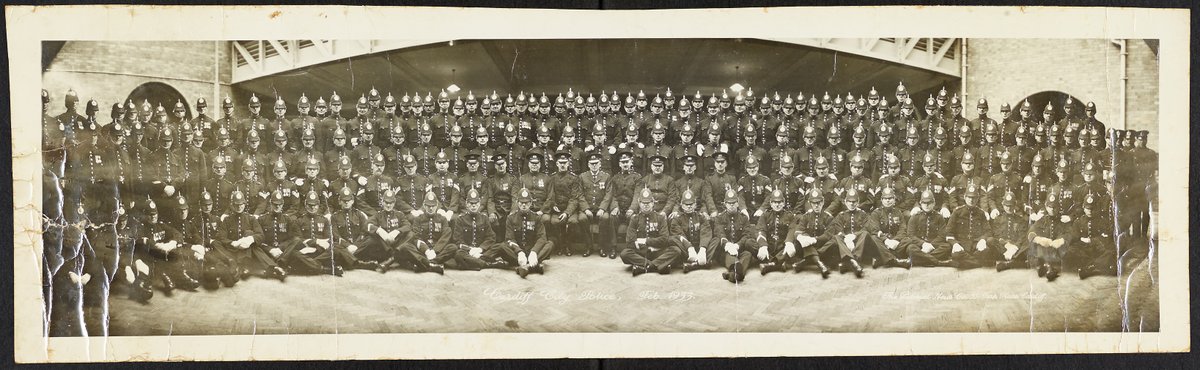 This large photo was received by the Archives in October. 

It shows Cardiff City Police officer in uniform, including the donor’s grandfather. The photo dates from 1933, but we’re not sure where it was taken. If you recognise the location let us know.