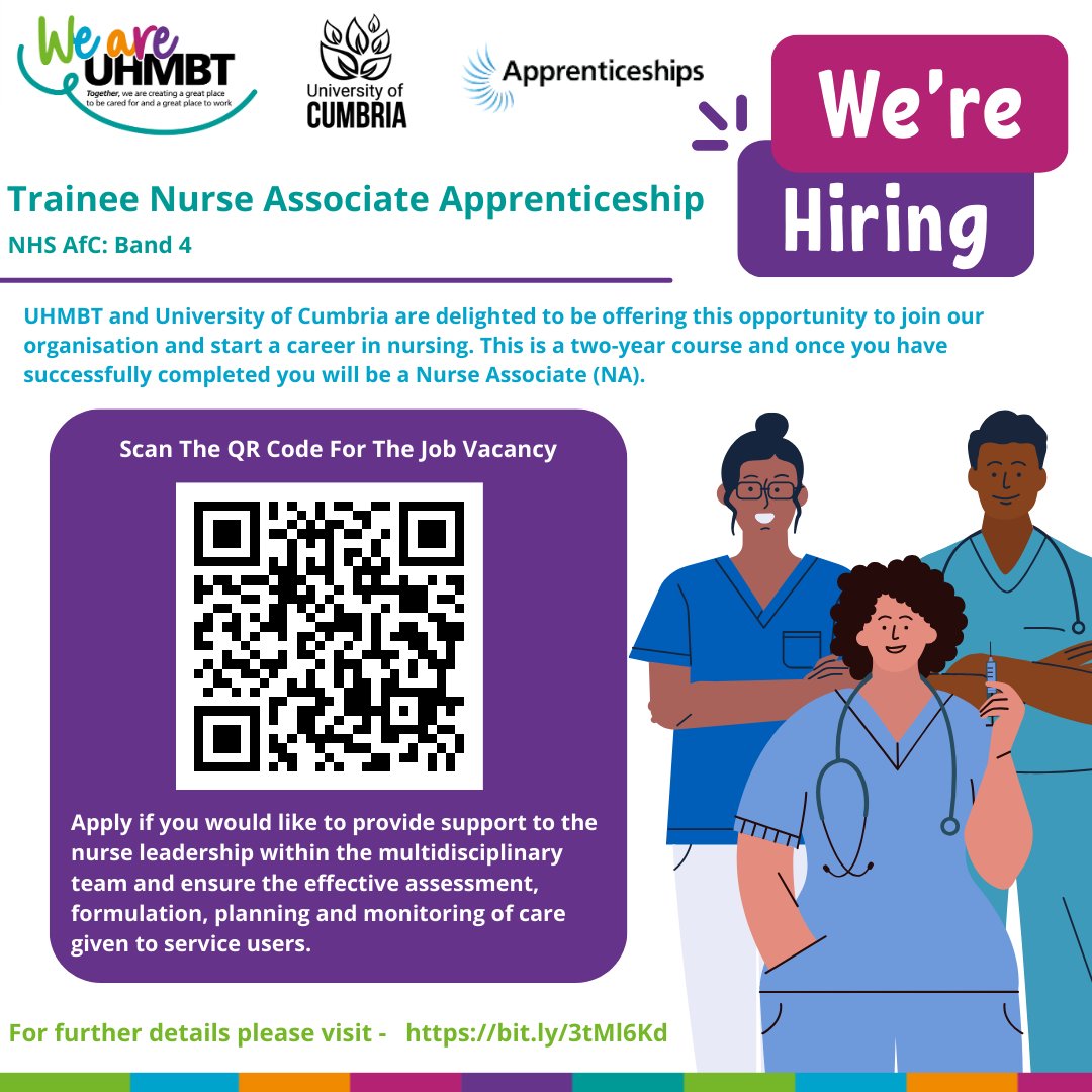 UHMBTApprentice's tweet photo. Applications are now open for our Trainee Nurse Associate Apprenticeship with @CumbriaUni - a great opportunity for anybody considering a career in nursing. More info here: https://t.co/zEy8GdsAY9 #apprenticeships #morecambebay https://t.co/tAbJU5mFde