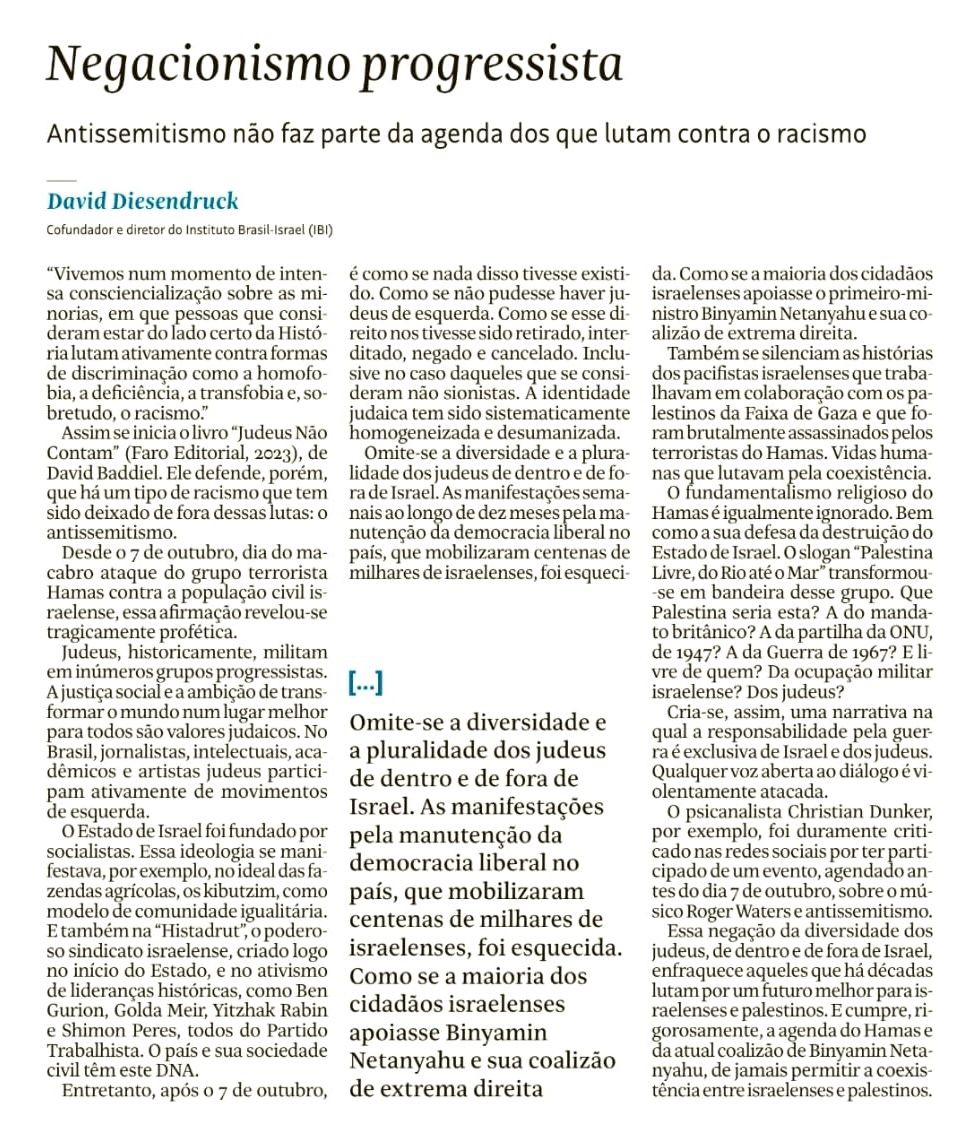 ibi_br's tweet photo. Em texto publicado no jornal @folha, David Diesendruck, diretor do IBI, fala sobre os perigos do antissemitismo no campo progressista. Membros deste campo dizem lutar contra o racismo, mas acabam aderindo a narrativas negacionistas em relação ao judeus e a Israel. https://t.co/0ebpm2N7np