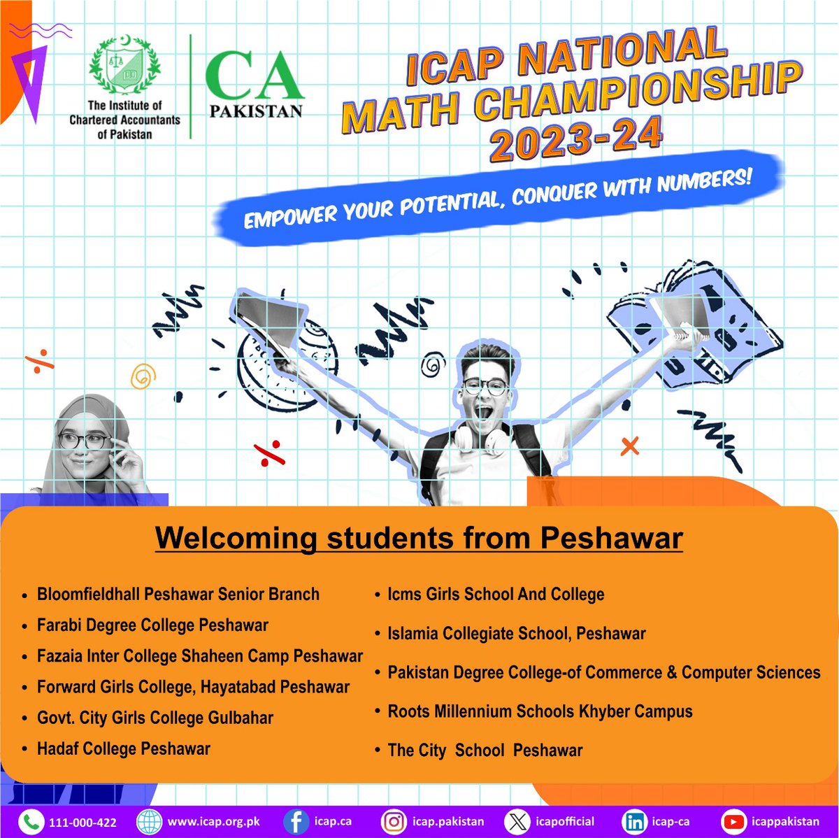 icapofficial's tweet photo. We extend a warm welcome to the distinguished participants from a diverse range of schools across Pakistan to the most awaited championship of the year. As we gear up for the 𝐈𝐂𝐀𝐏 𝐍𝐚𝐭𝐢𝐨𝐧𝐚𝐥 𝐌𝐚𝐭𝐡𝐬 𝐂𝐡𝐚𝐦𝐩𝐢𝐨𝐧𝐬𝐡𝐢𝐩 𝟐𝟎𝟐𝟑!  #ICAP #CAPakistan #NMC2023 #Math https://t.co/oxfXe4RirA