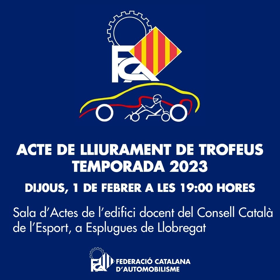 FCAutomobilisme's tweet photo. 📢 ACTE DE LLIURAMENT DE TROFEUS TEMPORADA 2023
➡️ DIJOUS, 1 DE FEBRER A LES 19:00 HORES
🏢 Sala d’Actes de l’edifici docent del Consell Català de l’Esport, a Esplugues de Llobregat
#FCAutomobilisme #motorsport #gala #acte #lliurament #trofeus #temporada https://t.co/onHQYhpwH5
