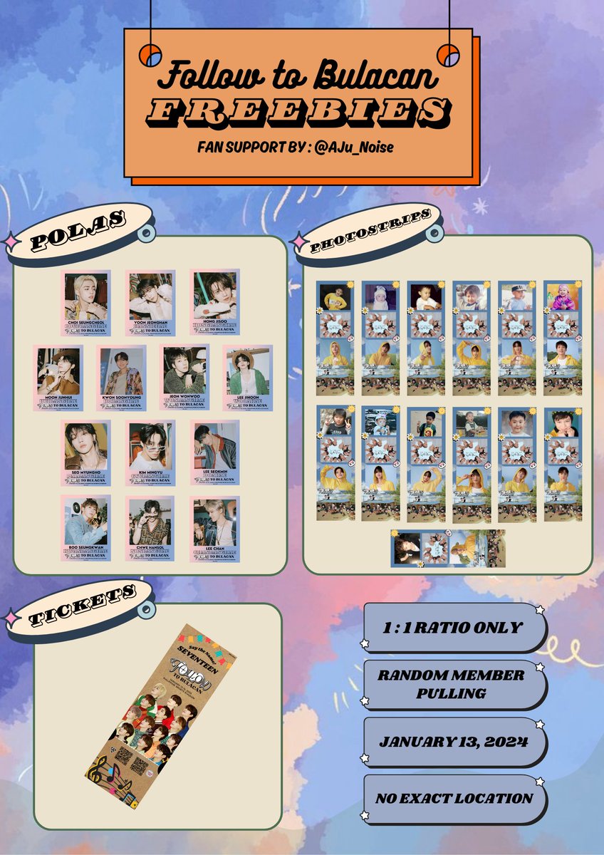 AJu_Noise's tweet photo. ✨ FOLLOW TO BULACAN DAY 1 FREEBIES ✨

🌼 RT &amp; LIKE
🌼 1:1 RATIO
🌼 RANDOM MEMBER FOR OT13 FREEBIES
🌼 OPEN FOR CONCERT GOERS AND TEAM LABAS ♡
🌼 NO EXACT LOCATION (kung saan lang po ako mapadpad 😂)
🌼 NO MOBBING

#FOLLOW_TO_BULACAN
#FOLLOW_TOUR_IN_BULACAN
#SEVENTEENinBULACAN https://t.co/S2rkfYYndl