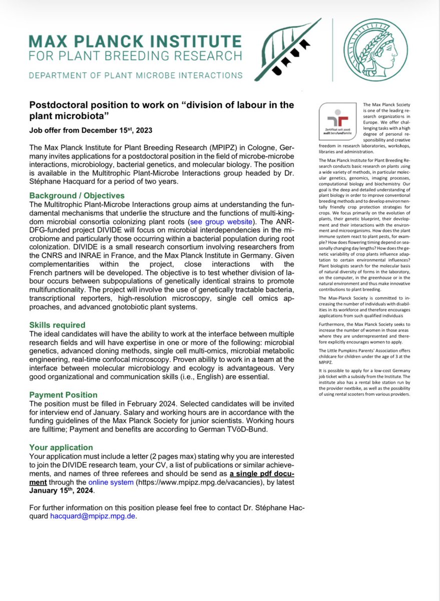 Last chance to apply! A 2-year postdoctoral position is available in my group <a href="/mpipz_cologne/">MPIPZ Cologne</a>. If you like microbe-microbe interactions, microbial genetics, and single-cell omics,  then apply here: jobs.mpipz.mpg.de/jobposting/d03…

Deadline: Jan 15th 

Please help me to spread the word 🙏