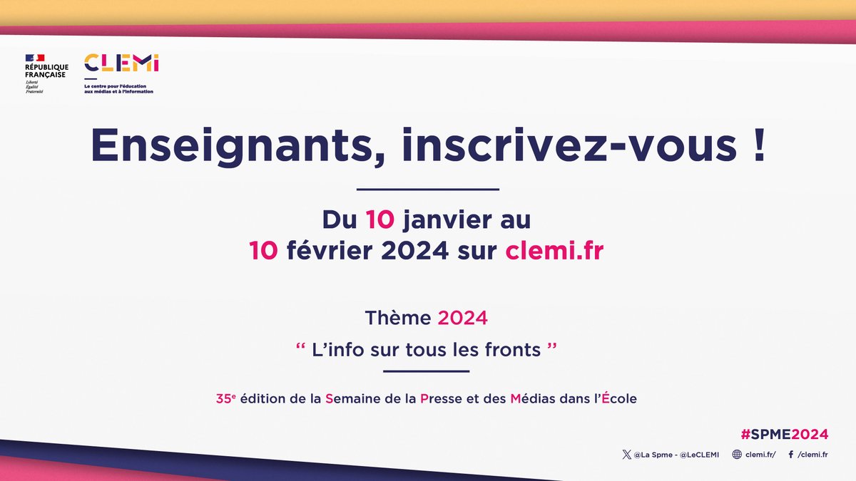 ClemiBesancon's tweet image. 📢Professeur(e)s @acbesancon 
🔔#JourJ pour vous inscrire à la #SPME2024 
clemi.fr/fr/semaine-pre…
🔄4⃣3⃣4⃣ établissements ont participé à cette action éducative #EducMédiasInfo en 2023
@LeCLEMI @LaSpme