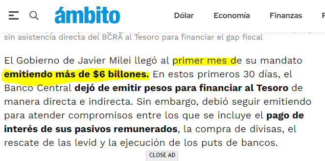 En 4 años de gobierno, Alberto Fernandez emitió 4.1 billones de pesos, con pandemia, con guerra y sequía. 
En 30 dias, milei te imprime 6 billones, y solo para pagar timba.