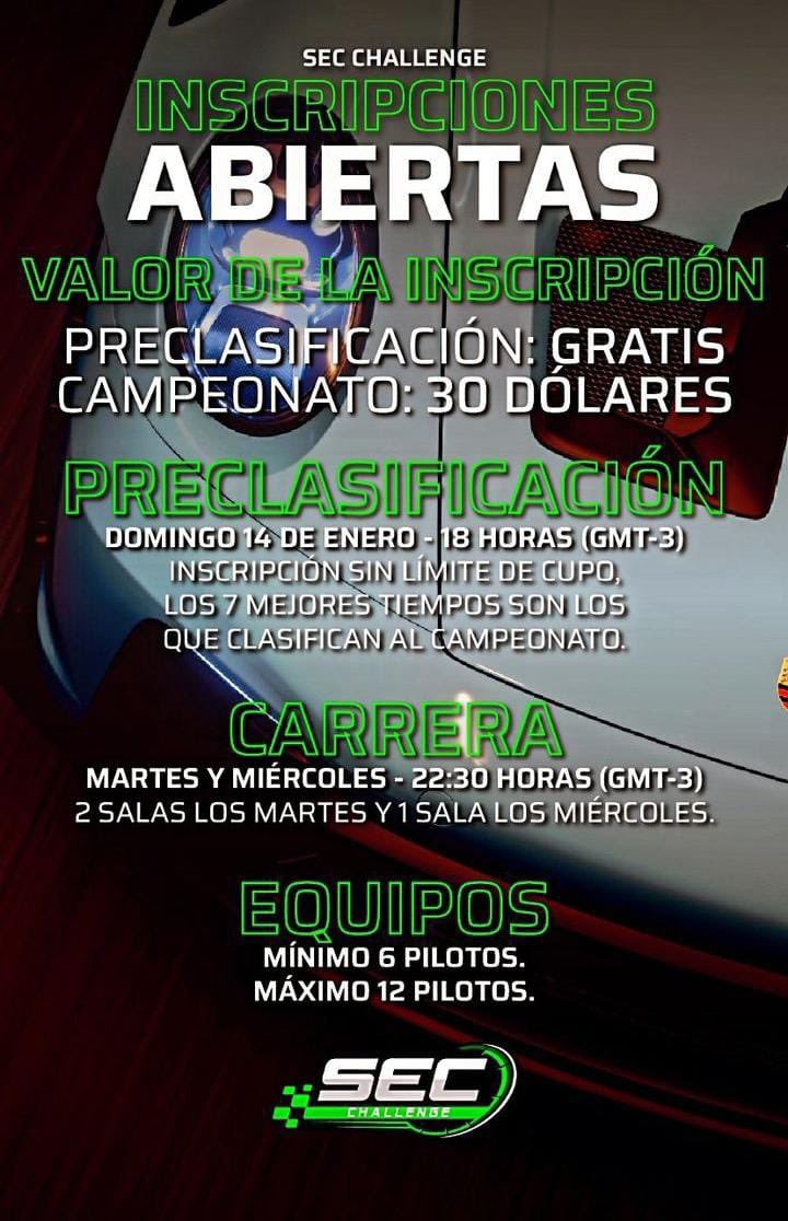 Y si sos fan del #simracing 🏁, también hay buenas noticias🙌!Estan abiertas las inscripciones para el primer torneo🏆de <a href="/SEC_Endurance/">𝐒𝐄𝐂 𝐄𝐧𝐝𝐮𝐫𝐚𝐧𝐜𝐞</a> del año.

Las clasificatorias van a ser este domingo 15 🗓️,
y los 7 mejores equipos seran los clasificados.

#SimRacing #esports #GranTurismo7
