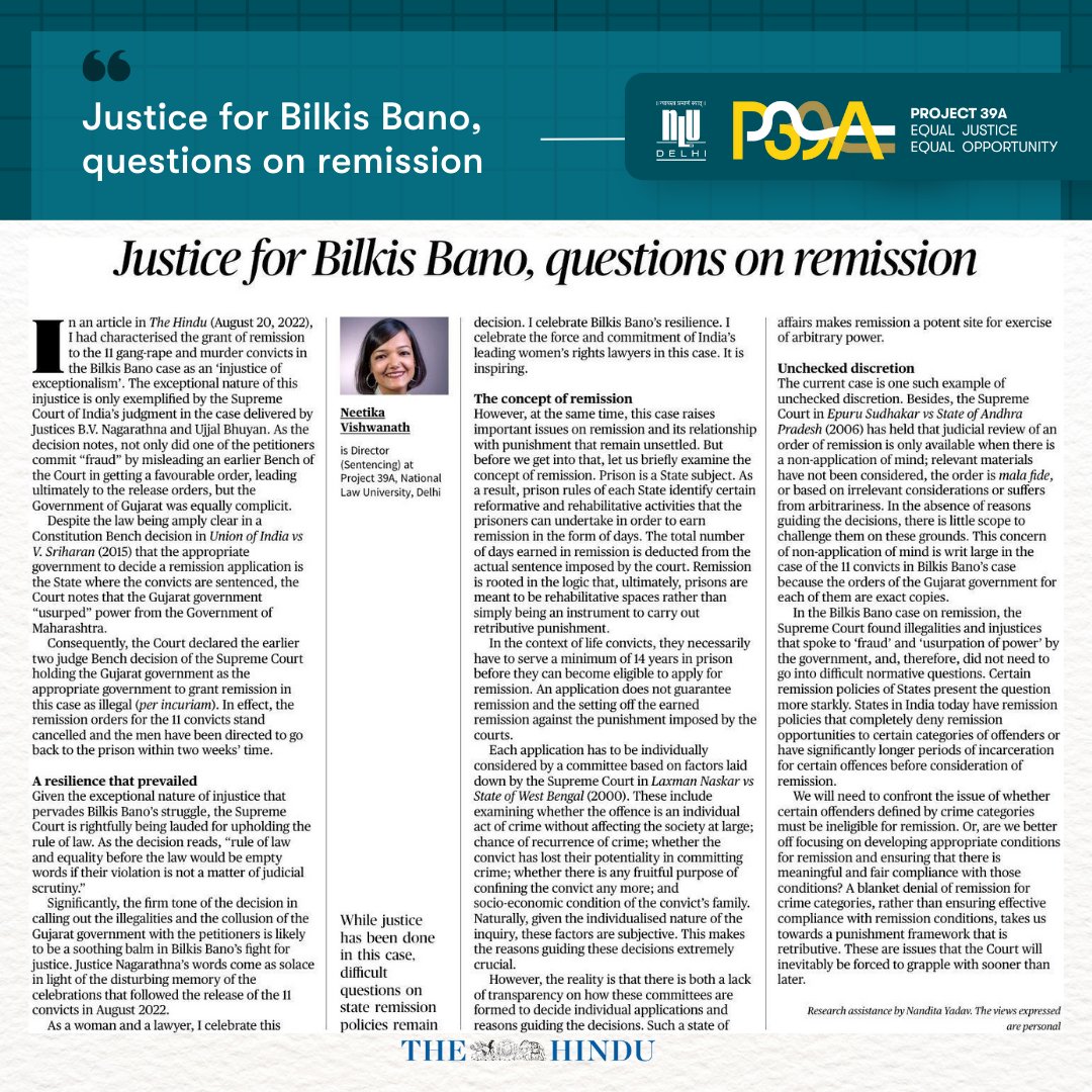 'While justice has been done in this case, difficult questions about state remission policies remain.' Our Director (Sentencing) @neet_tweeting on the SC decision in the #BilkisBanoCase for the @the_hindu today👇