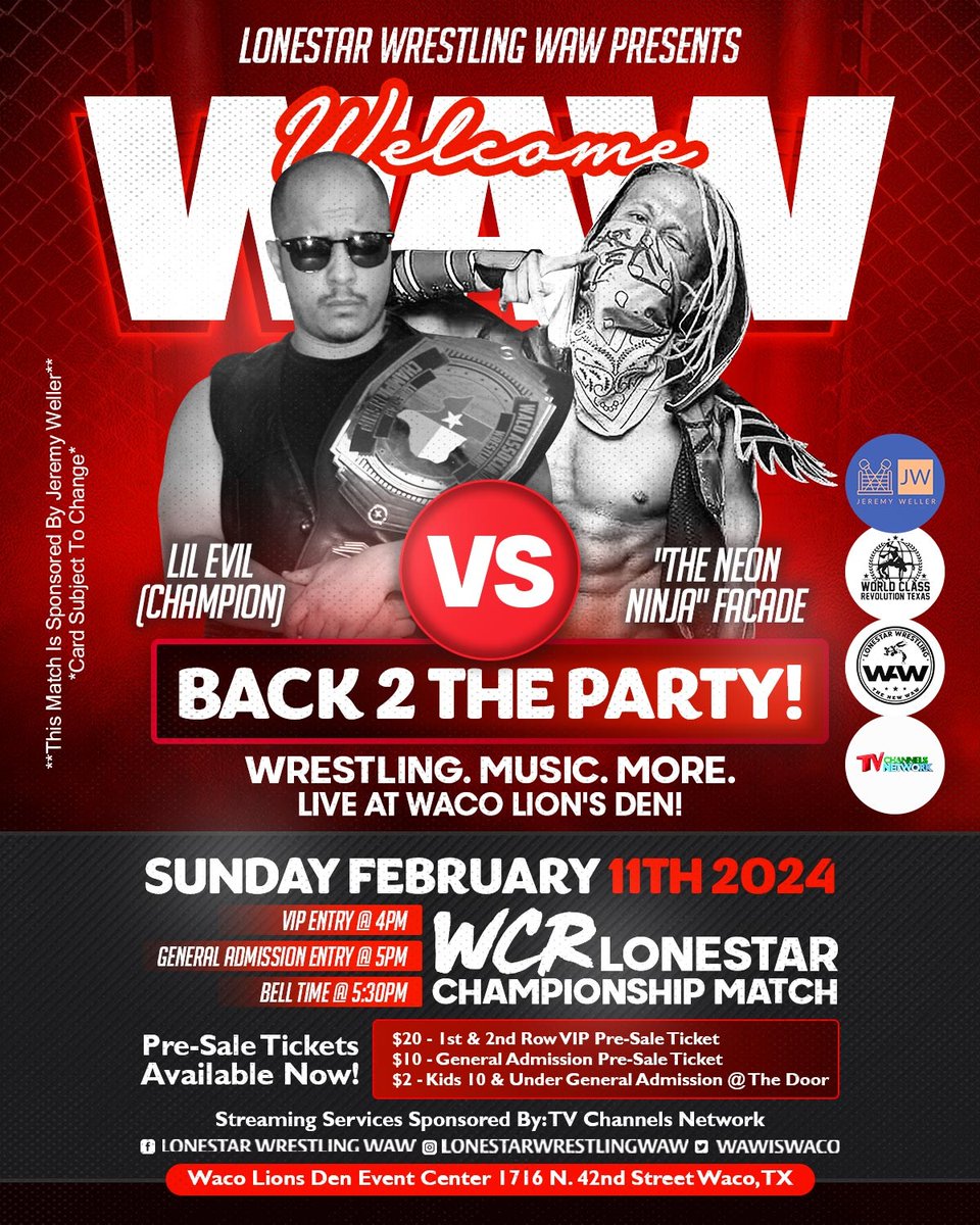 💥 WCR #Lonestar #Championship Match! @chicanokaiju VS @1FACADE 📆 02/11/24 📍#Waco Lions Den 🎟️ Lonestar-Wrestling.com #Texas #ProWrestling #LiveProWrestling #TexasProWrestling #SupportIndieWrestling