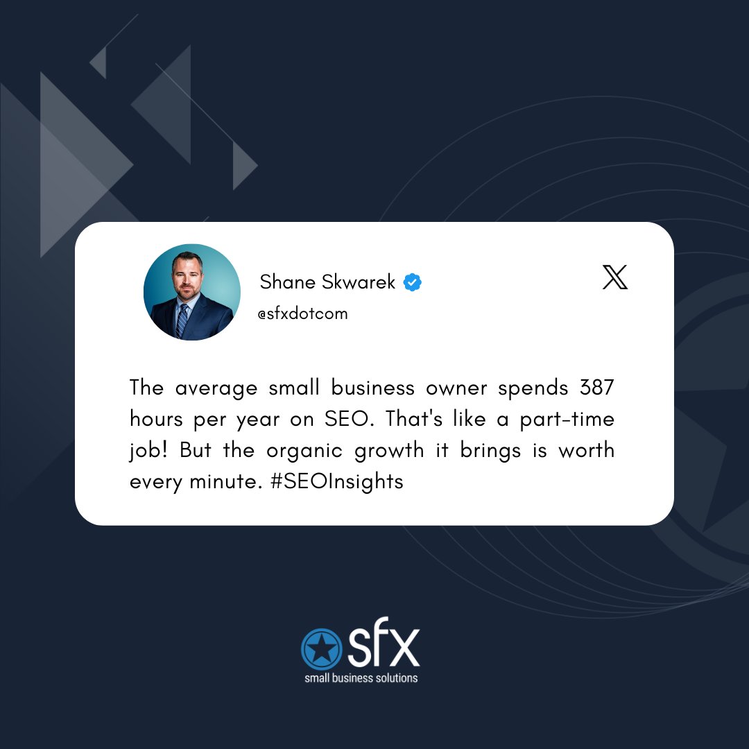 The average small business owner spends 387 hours per year on 𝐒𝐄𝐎. That's like a part-time job! But the organic growth it brings is worth every minute. 📈 #SEOInsights