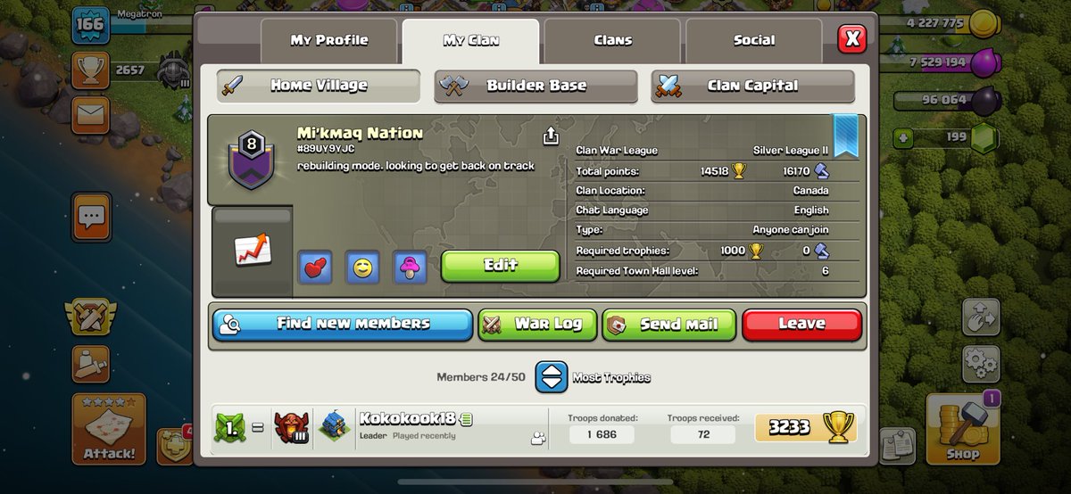 K_Mart84's tweet photo. Rebuilding the clan, it's been a hot minute. Time to get the wheels all turning again. Feel free to join and help the rebuilding process 💯💯 #ClashofClans #indigenousclan #rebuild #mikmaq https://t.co/Cah0QTtvj6