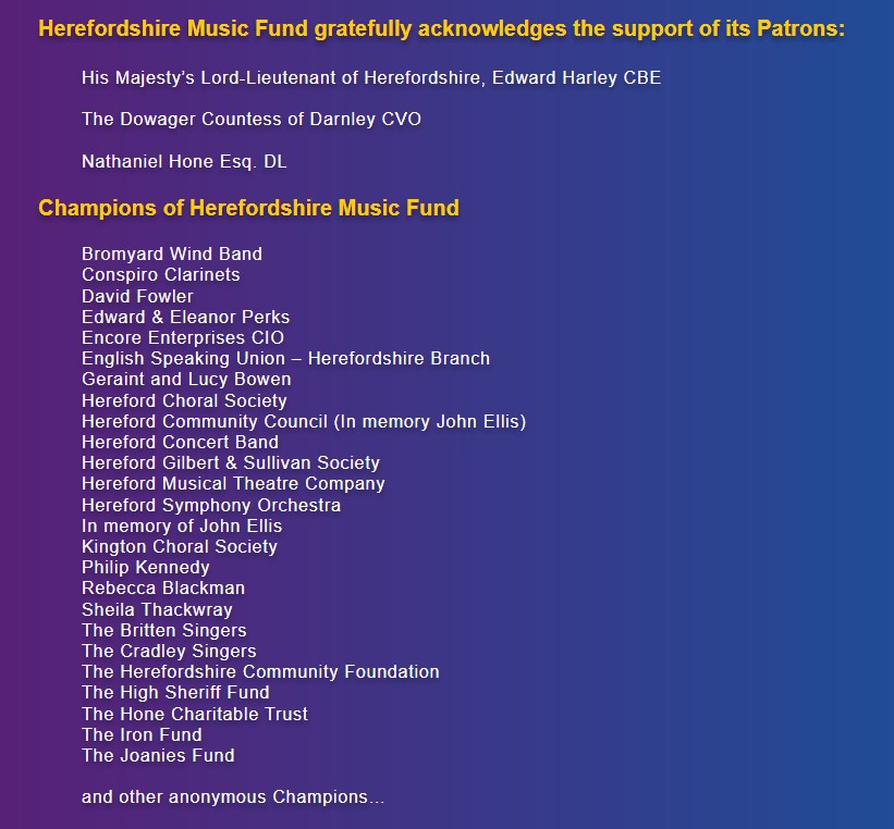 A screen-shot from "The Herefordshire Music Fund" website. You can see Bromyard Wind Band listed at the top of the donor "Champions" list.
