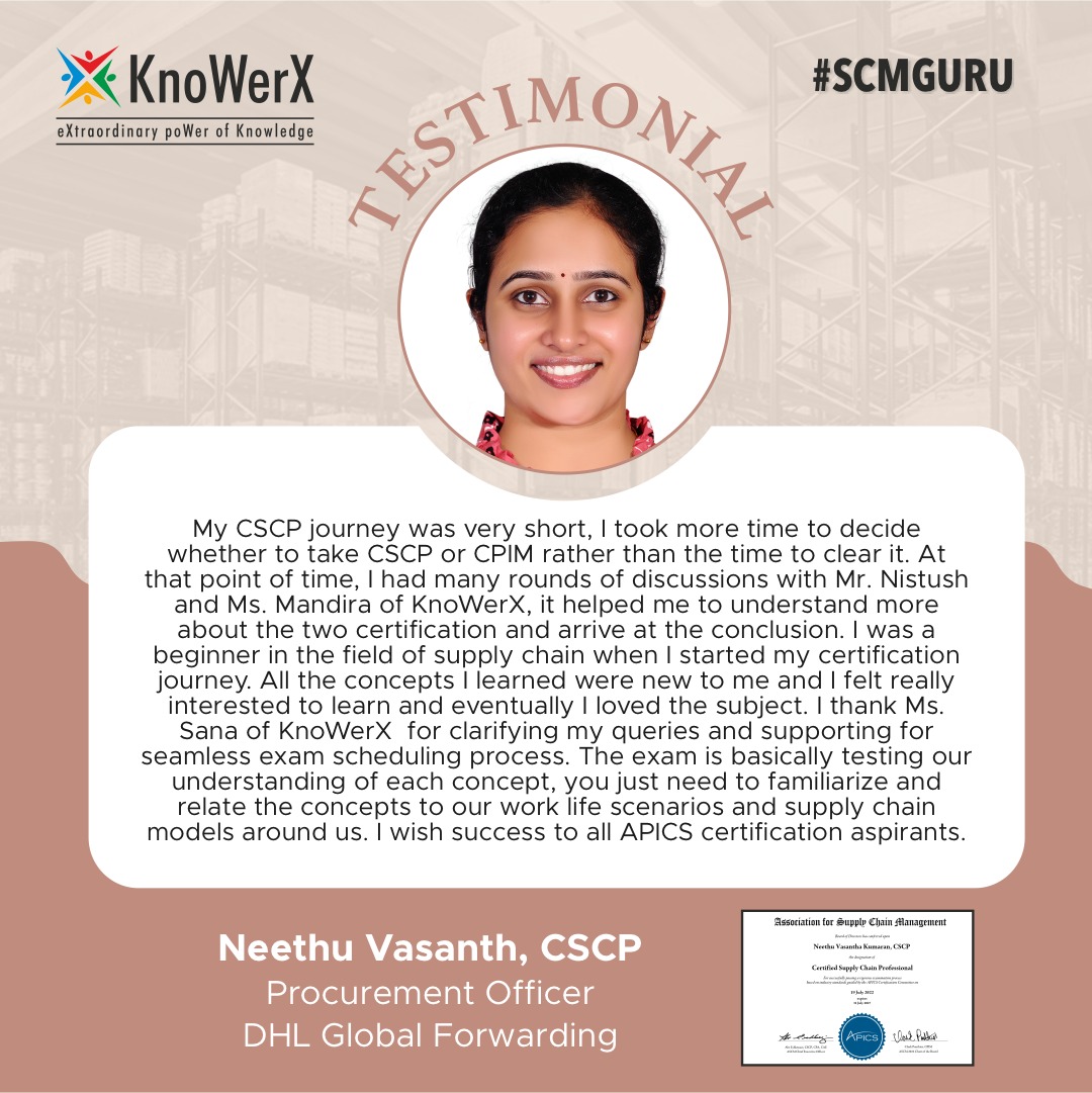 Ms. Neethu Vasanth shares her CSCP journey, we
#supplychain #scmguru #KnoWerX #apics #cscp #professionalgrowth #trending #newyear #newstart #managment #certification #certificatecourse #enrollnow #professionalcourse #career #careerdevelopment #careergoals #cscp #onlinetraining