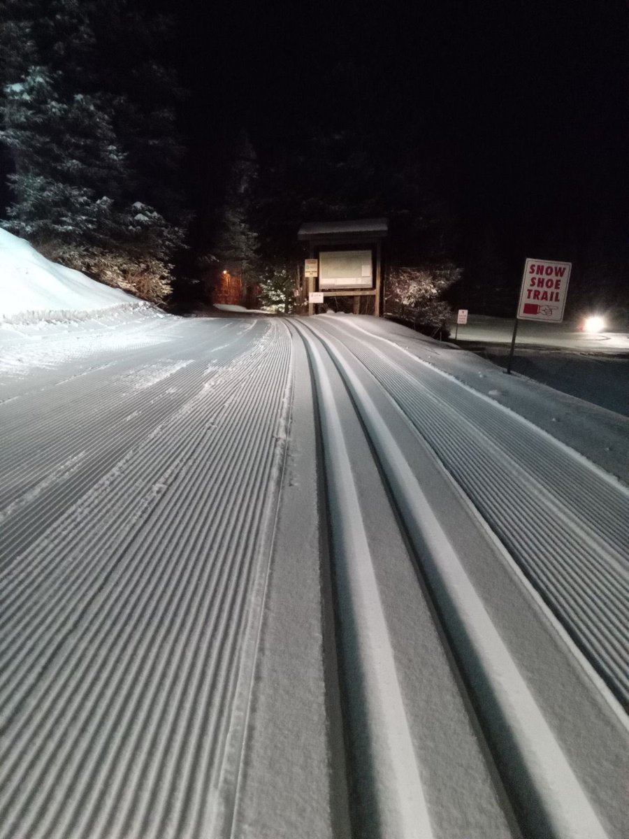 Yellow, Gold, and Purple trails groomed with tracks set this morning and looking good again!! Grooming crew working on outer trails throughout the morning.