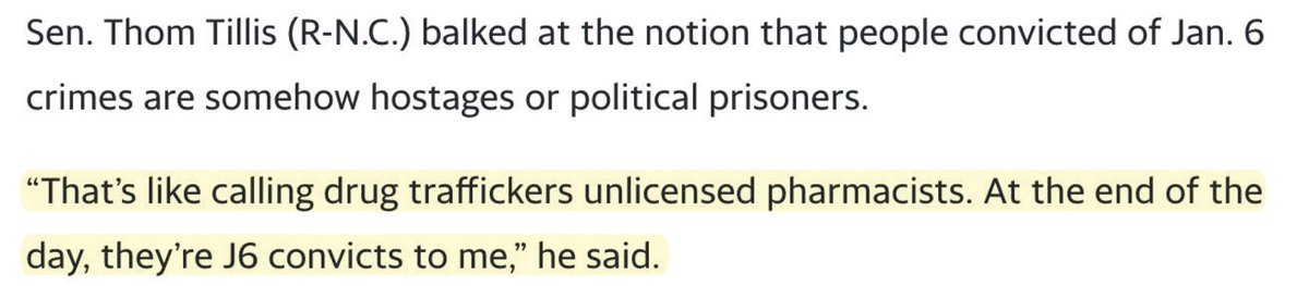 jonfranks's tweet photo. 🧵 1/ Numerous GOP Senators weighing in on @realDonaldTrump and @EliseStefanik calling #J6 convicts hostages…

“That’s like calling drug traffickers unlicensed pharmacists.” - @SenThomTillis. 

Thank you for your leadership, Senator. https://t.co/Pt0LQmsank