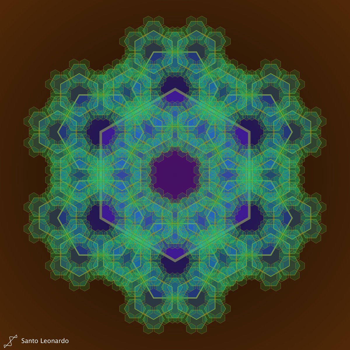 LeonArTech's tweet photo. Overlapped hexagons fractal (V2: level rotation), made for #genuary2024 day10  "Hexagonal".
5 levels; 1555 hexagons = sum(6^i) i = 0,4. Color in Hue, Saturation, Brightens, Alpha is a function of level.
#genuary #genuary10 #digitalart #generativeart #mathart #math #ceativecoding https://t.co/uYNYHBJAKL