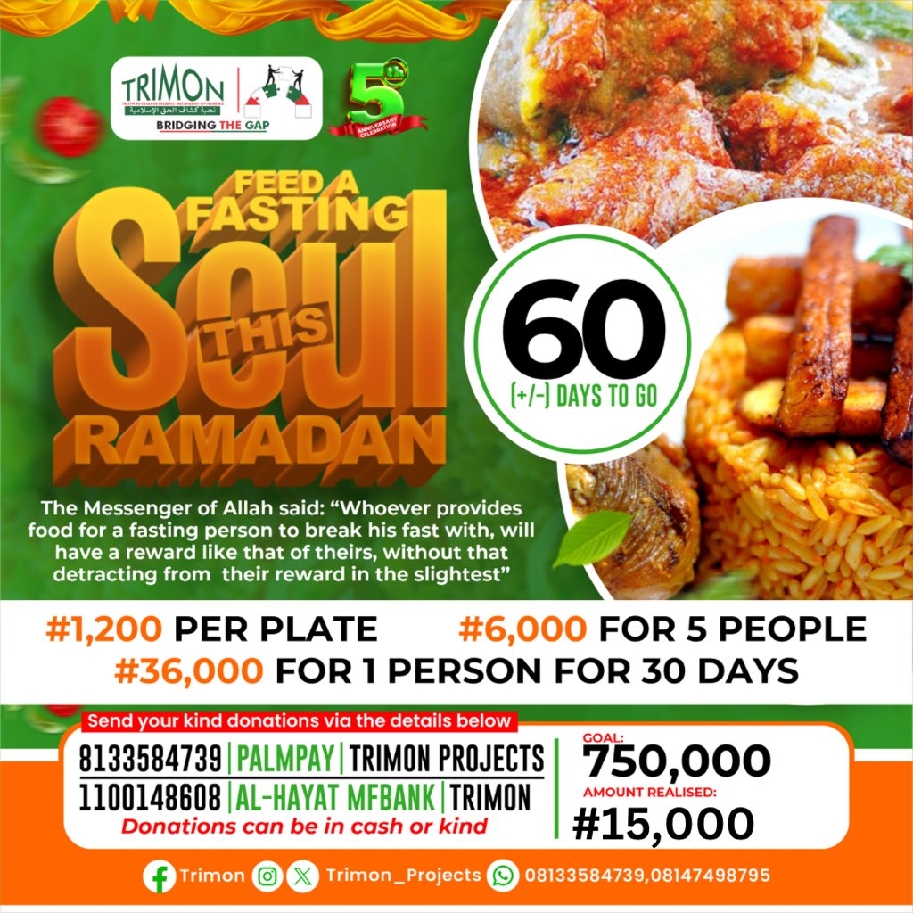 trimon_projects's tweet photo. ━══★✿★══━•
60 DAYS (+/-) TO RAMADAN ━══★✿★══━•
Collaboratively, we can significantly impact the lives of others. Support TRIMON this Ramadan to actualize its mission of providing meals to fasting Muslims and organizing uplifting programs. https://t.co/xzm20LtWAN