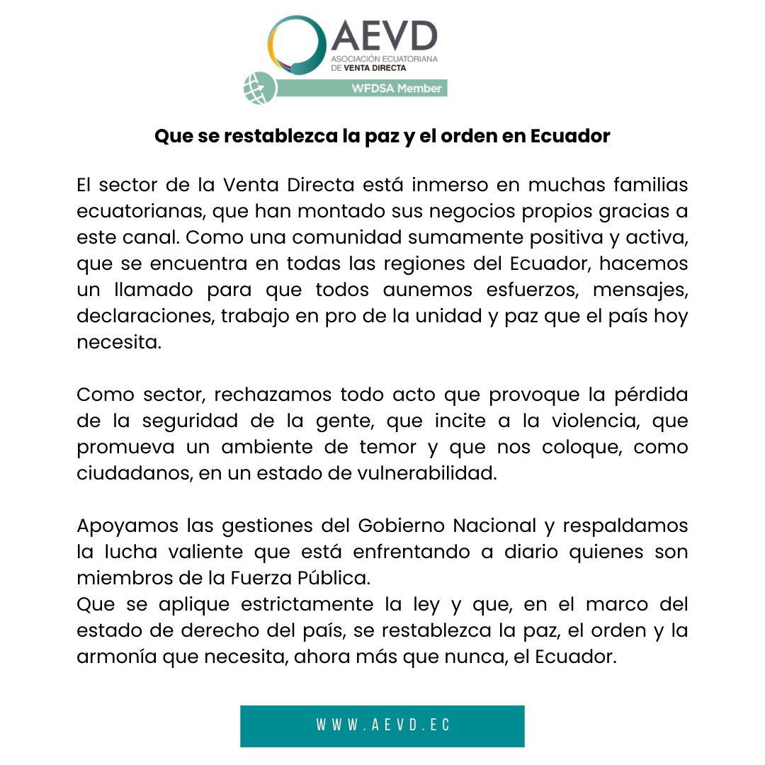 aevdecuador's tweet photo. 🔴 COMUNICADO AEVD: Condenamos cualquier acto que atente contra la seguridad y promueva violencia. Apoyamos al Gobierno y a la Fuerza Pública en su lucha diaria por la protección ciudadana.
#ventadirectaesemprender https://t.co/SUtRIgT2Ru
