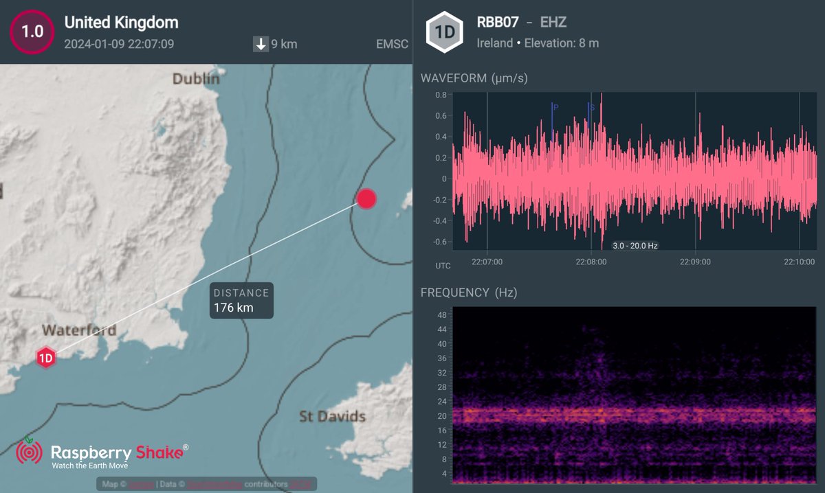 Our 1st local earthquake of 2024 📢🥳The magnitude 1.0 Irish Sea 🇯🇵 #earthquake 〰️recorded by our citizen @raspishake seismometers based in Ireland. 📷

Visit us at #BTYSTE2024 to learn all about it 🙌

 #QuakeShake #QuakeShakeUpdate #IrishCitizenSeismometers #DIASDiscovers
