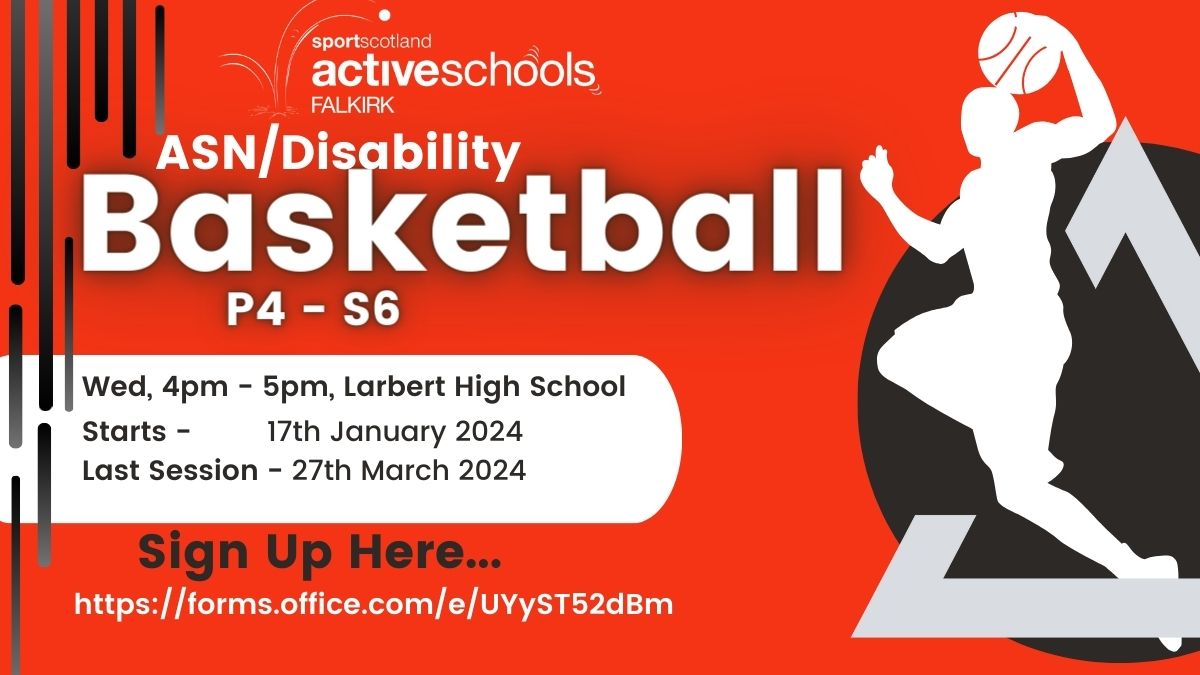 🚨ASN/Disability Sport Basketball Sessions

Come along and test you 🏀skills!

🏦Larbert HS
📅Wednesdays starting 17th January 2024
⏲️4pm - 5pm 
💻To book: 
forms.office.com/e/UYyST52dBm

<a href="/FalkirkSport/">Falkirk Active Schools & Sports Dev</a>