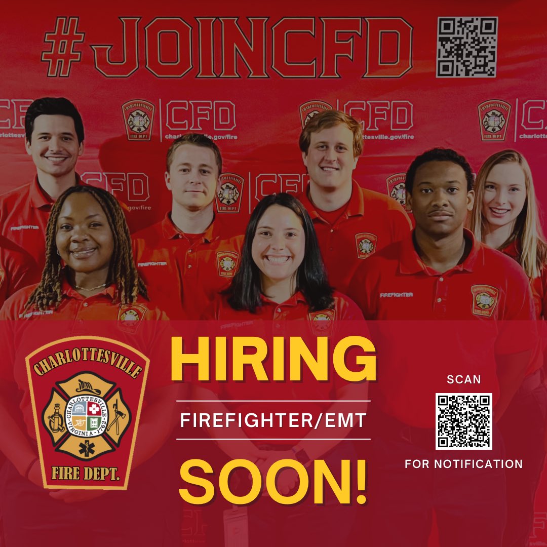 We are preparing to open our hiring process! No prior experience is necessary to become a firefighter/EMT.

Click the link to receive notification governmentjobs.com/careers/charlo… select Fire &amp; EMS, and click subscribe.

#Joincfd #cvillefiredept #hiringsoon #firefighter #EMT #cville
