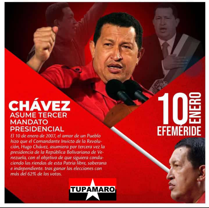 En el 3er. mandato de Hugo Rafael Chávez Inició el 10 de Enero de 2007 juramentandose en el Capitolio Federal como Presidente reelecto del país para el período 2007-2013
#ApoyandoANicolas 
#TupamaroPresente
