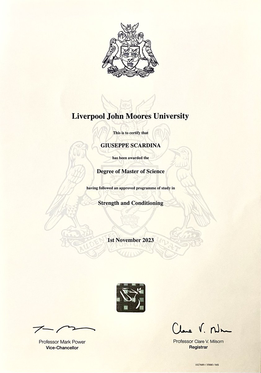 GiusScardina's tweet photo. Delighted to share I've earned the certificate of my Master's Degree in Strength and Conditioning from @LJMU! 🏋🏻‍♂️
Proud to have studied under top-notch faculty, explore cutting-edge research, and gain hands-on experience. Here's to the pursuit of continuous growth! 💪🏻 https://t.co/odSdl5pe4H