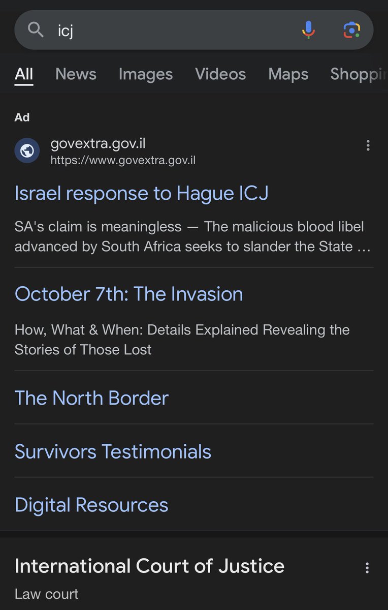 When you Google ICJ, ads for the Israeli state are the first thing to show up. They did this with Amnesty and HRW when their reports on Israeli apartheid came out. 

<a href="/GoogleAds/">Google Ads</a> profits from disinformation and genocide.
