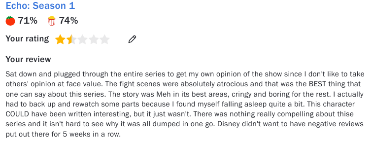 JadedPhoenixBur's tweet photo. Had to add my review for this horrid show. I miss GOOD content!!
#echoreview #Echoseries #EchoMarvel https://t.co/eYmxwTNi4U