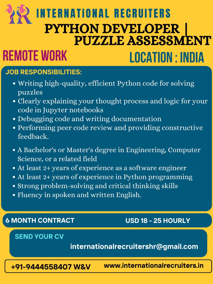 #Hiring #hiringnow #immediatehiring #ImmediatelyAvailable #immediatejoiners #WorkFromHome #workfromhomeopportunity
#itjobopportunity #itjobsearch #itjobsindia #pythonprogramming #pythondeveloper #python whatsapp.com/channel/0029Va…