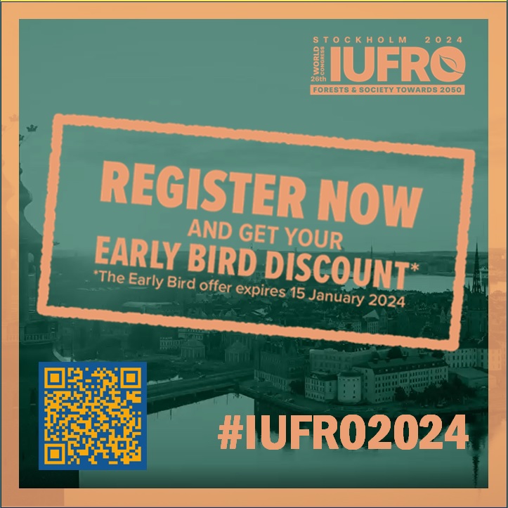 ❓Registered for the IUFRO World Congress #IUFRO2024 in Stockholm🇸🇪 yet?

🐦Early-bird registration closes in 5 days!

🎟️So why don't you book your ticket now!

🚨 iufro2024.com/registration-a…

#forests #agenda2030 #sustainability #ForestResearch #ForestScience